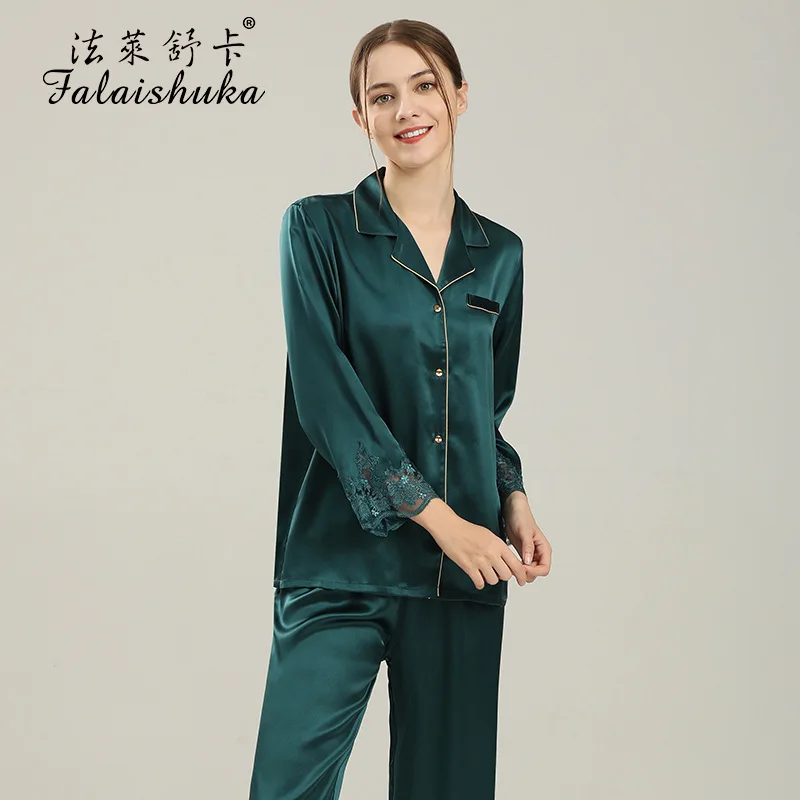 100% Silk Pajamas Sets For Women Full Sleeve  Two Pieces Set  Red Pink 2021 New Summer  Lady Silk Home Wear Sleepwear