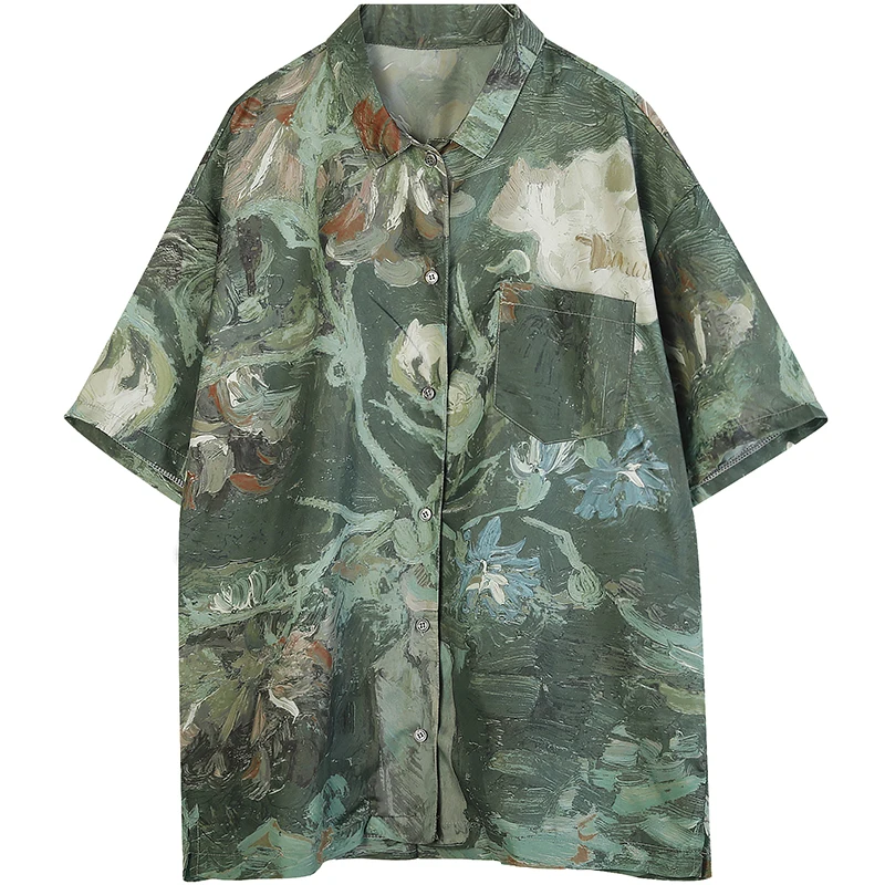 

CHEERART Hawaiian Shirt Women Green Van Gogh Oil Painting Print Blouse Loose Plus Size Holiday Tops Short Sleeve Shirt 2020