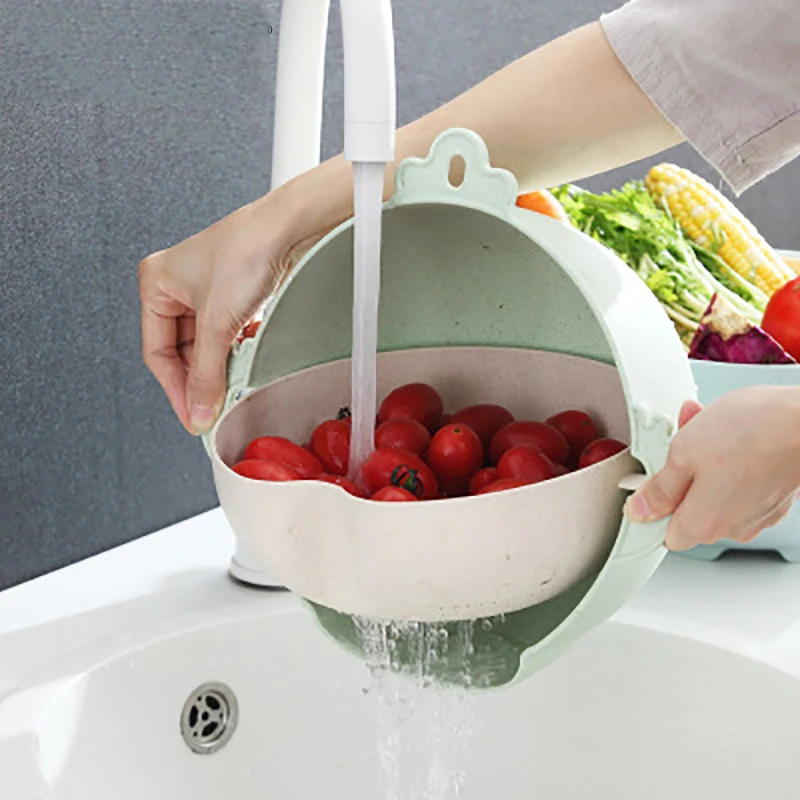 Creative Double Wash Melon Fruit Vegetable Basket 2020 New Kitchen Tool 360 Rotating Wheat Straw Drainer Washing Sieve | Дом и сад