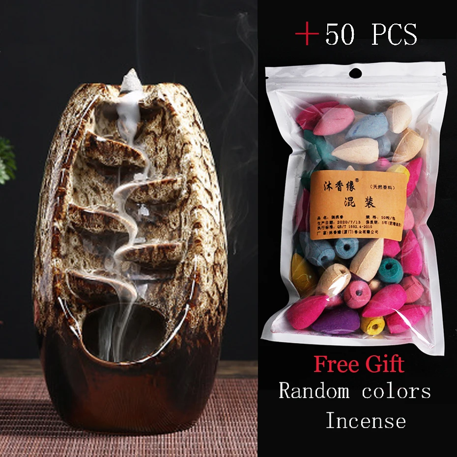 

Ceramic Waterfall Backflow Incense Burner Incenser Holder Home Decor Aromatherapy Ornament +50pcs Cone Incense +Incense Pad Free