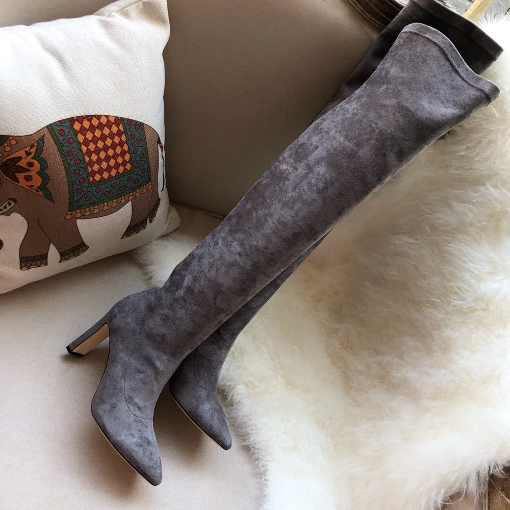 Привлекательные сапоги женские выше колена из натуральной замши на высоком