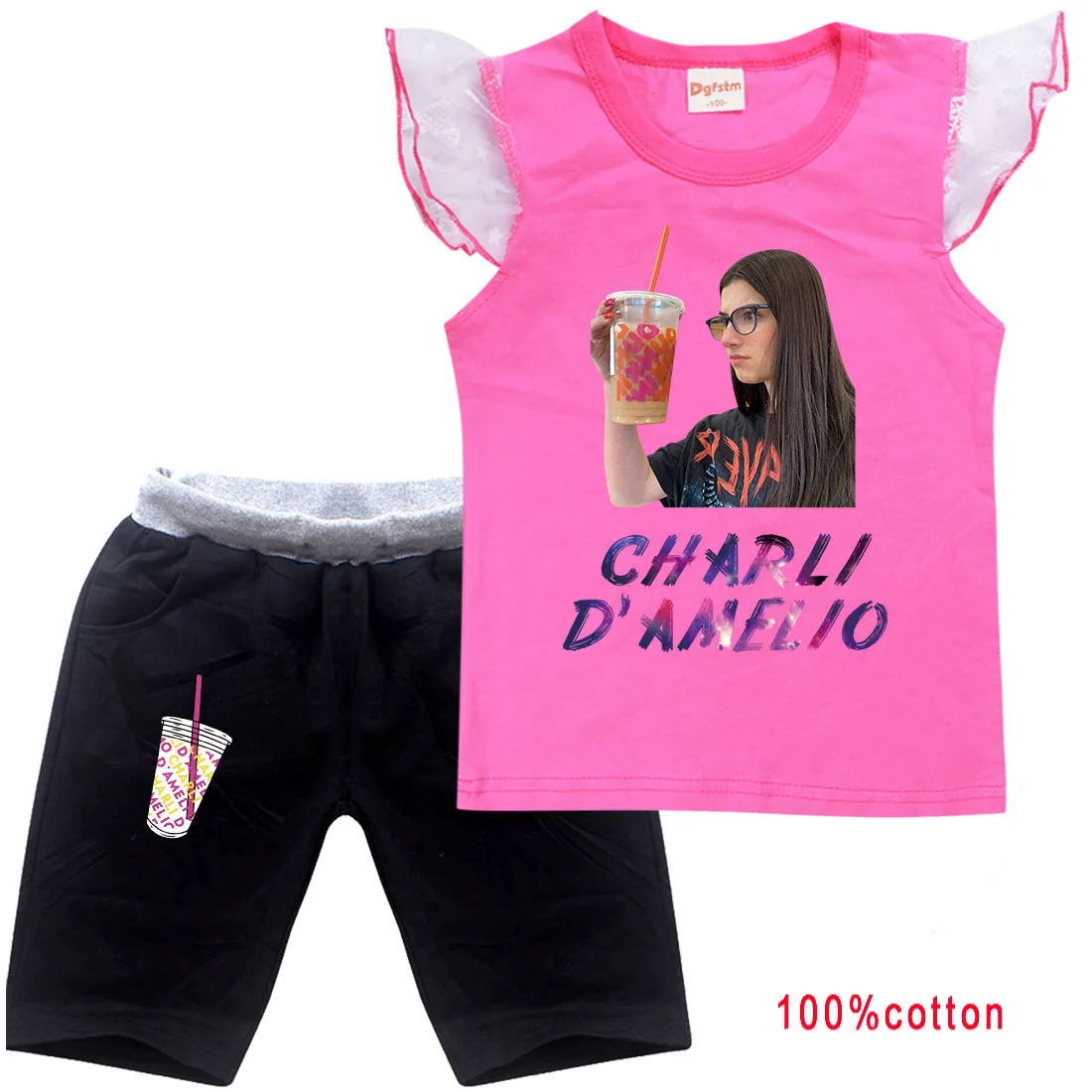 

Boy Fashion Charli DAmelio Ice Coffee Tshirts Kids Flying Sleeves T Shirt Shorts 2pcs Sets Children Clothing School Girl Outfit