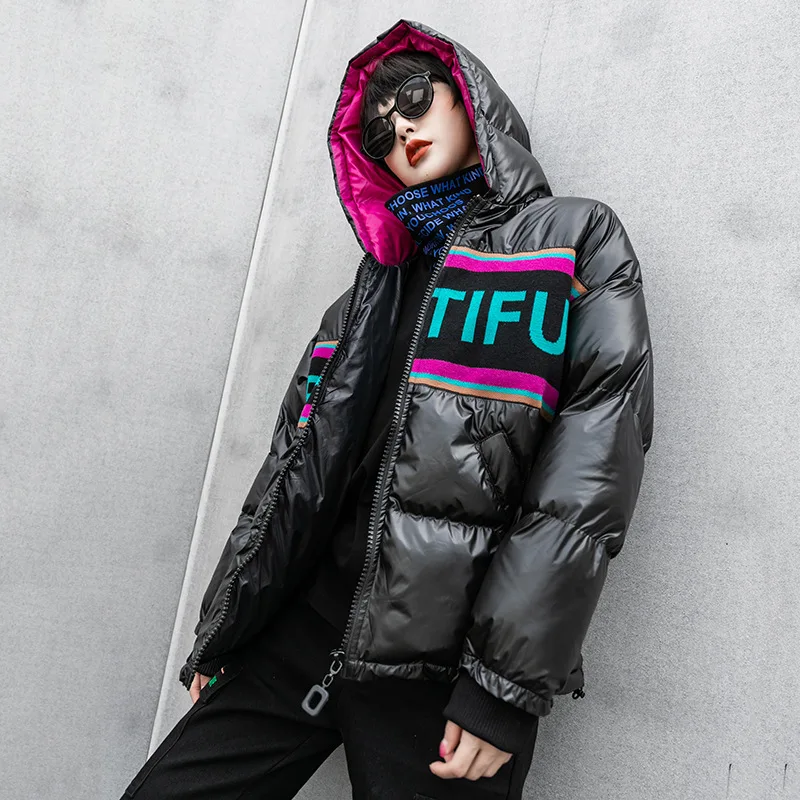

Vefadisa Black Knitted Patchwork Women Coat 2020 Autumn Winter Letter Print Hooded Coat Plus Size Women Overcoat Casual QYF4734