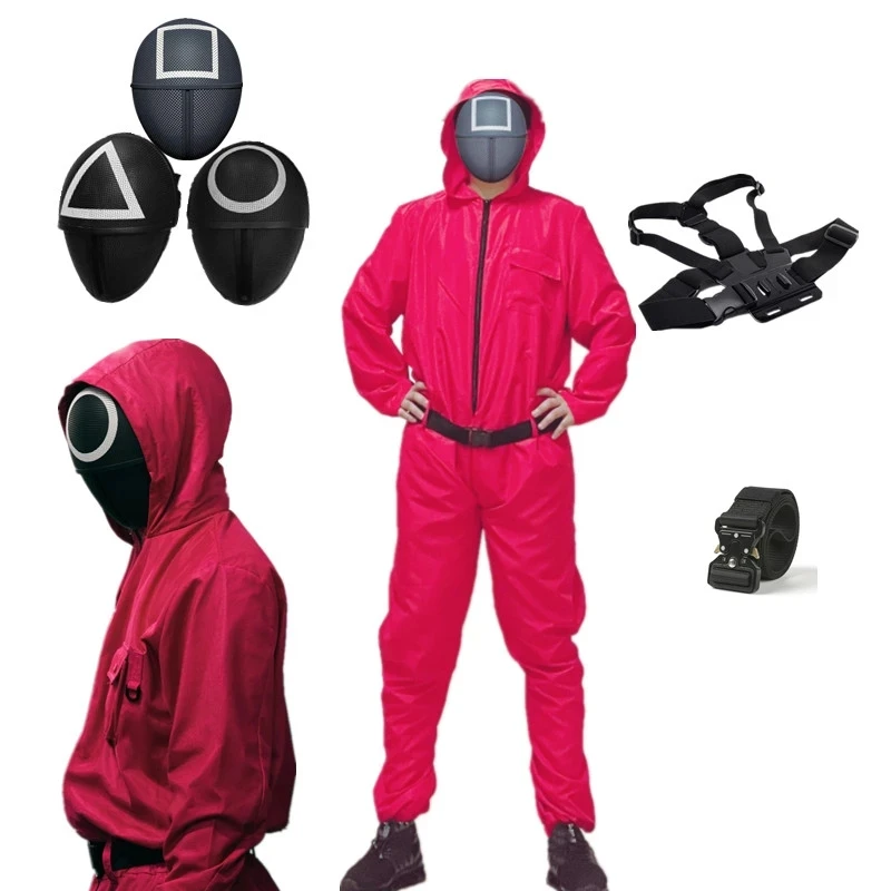 

Squid Game Villain Red Jumpsuit Cosplay Costumes Round Six Npc Circle Triangle Square Mask Strap Belt Accessories Halloween