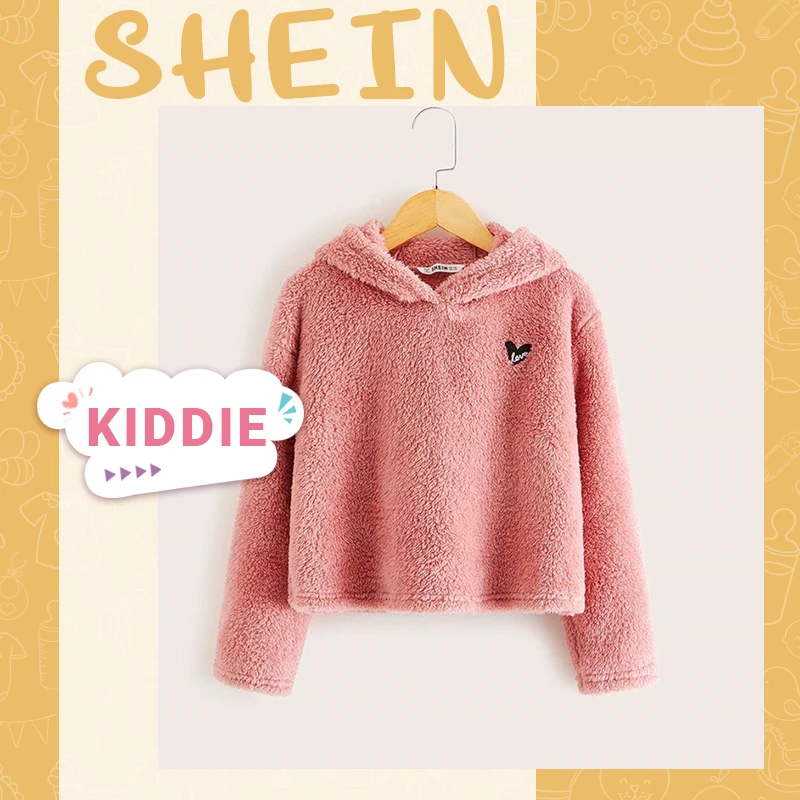 SHEIN Kiddie розовый вышитый спереди Повседневный плюшевый худи детские топы Весна длинный рукав подростковые Осенние милые свитшоты