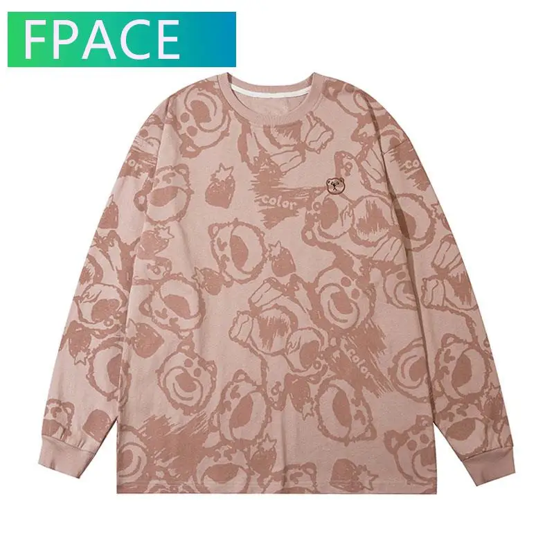 

FPACE Tees Shirts Hip Hop Graffiti Cartoon Bear Head Print Tshirts Streetwear Mens Harajuku Fashion Casual Long Sleeve Tops