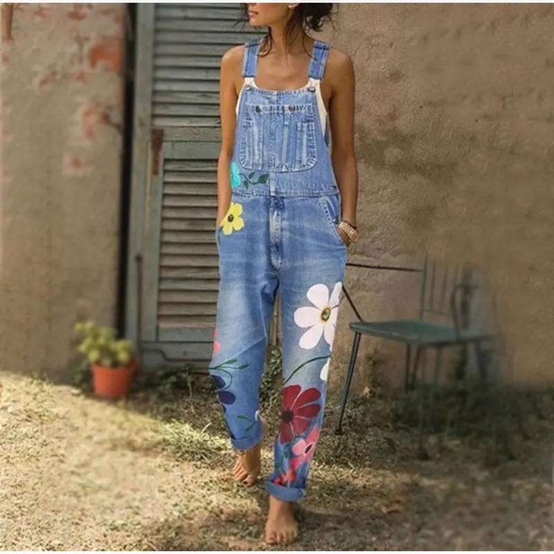 

Женский джинсовый комбинезон без рукавов с цветочным принтом, размеры до 5XL