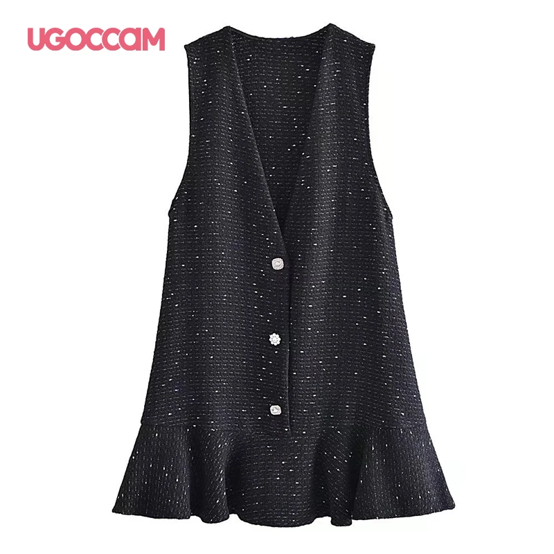 

UGOCCAM Women Mini Vest Dress Lady Chic Sleeveless Hem Ruffles Casual Vestido Vintage V Neck Diamond Buttons Tweed Mini Dresse