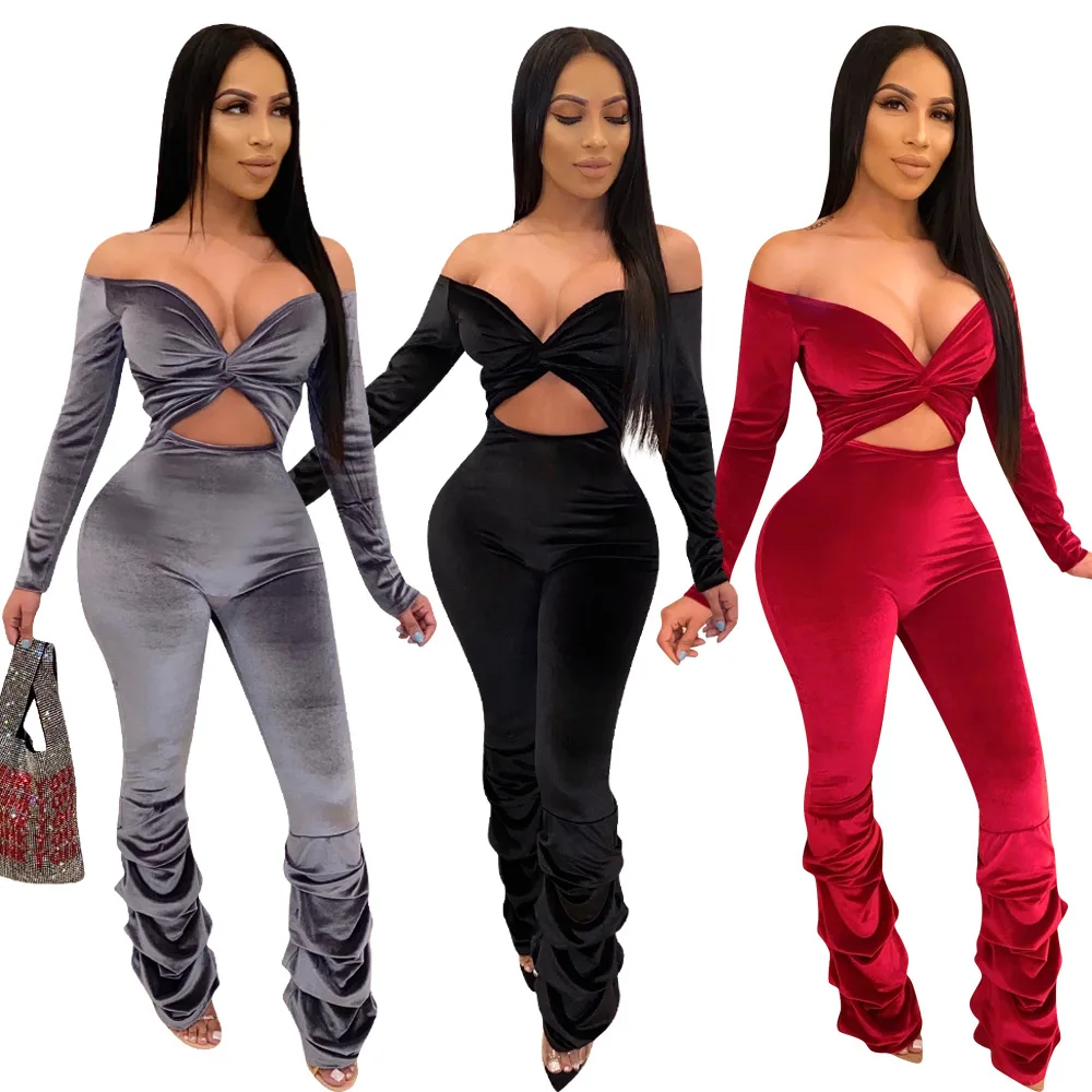 

2021 Velvet Sexy Women Two Piece Slash Neck Crop Top + Pants Pleated Stacked Sportsuit Tracksuit Clothes For Women Outfit