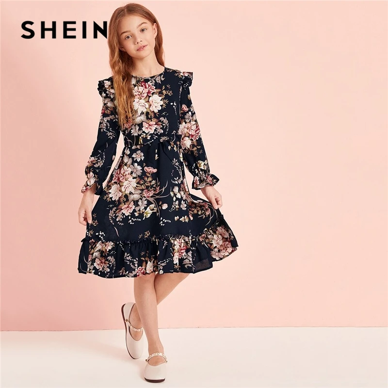 SHEIN Kiddie/милое платье темно-синего цвета с рюшами и цветочным принтом с отделкой и поясом г. Осеннее платье-миди на молнии, рукав-Волан