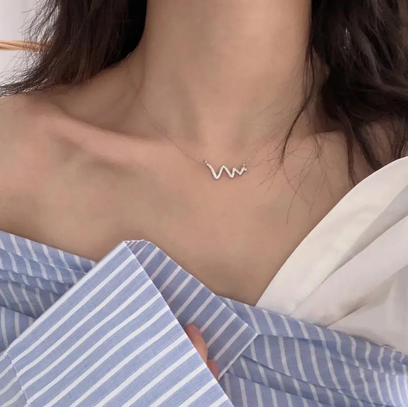 

Hot 925 Sterling Silver Geometric Rhinestone Zircon Heartbeat Pendant Necklace Women Jewelry Party Gift