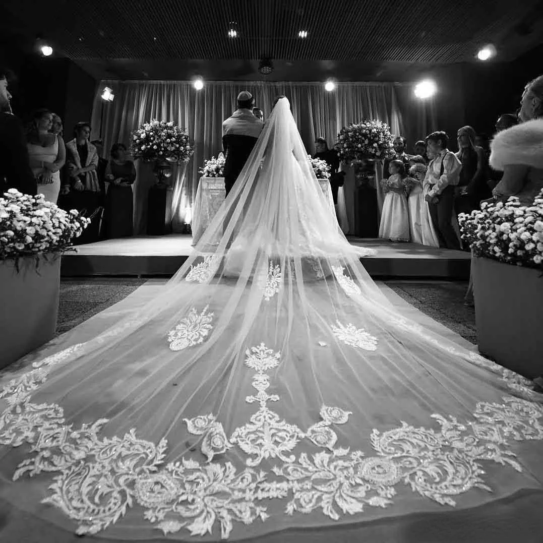 

New Arrival 4M Wedding Veils With Lace Applique Cut Edge Long Cathedral Length Veils One Layer Tulle Custom Made Bridal Veil