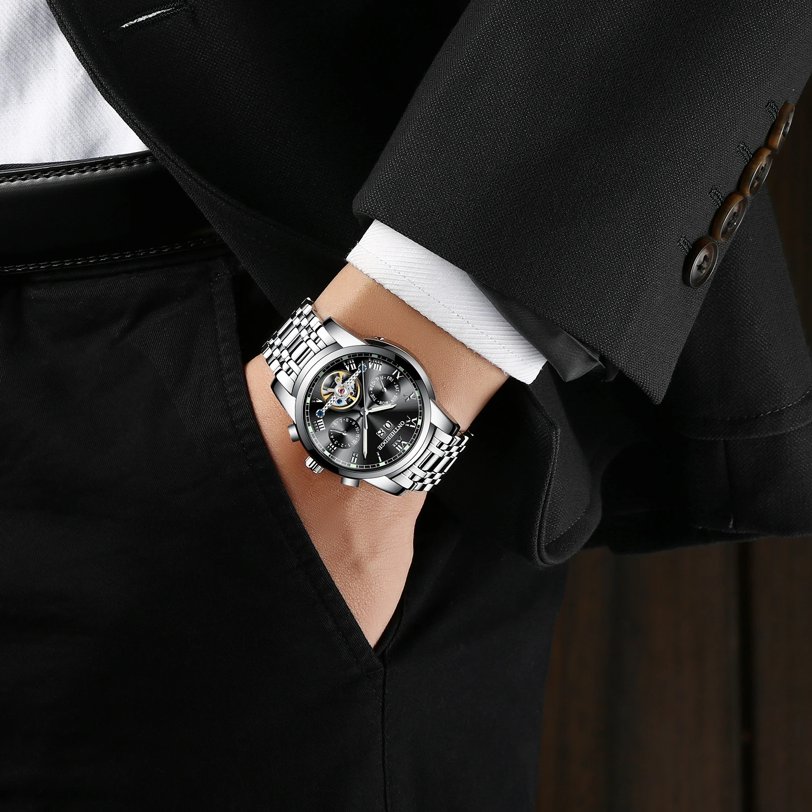 

Watches For Men Mutomatic Fashion & Casual Push Button Hidden Clasp Auto Date Complete Calendar Water Resistant Chronograph