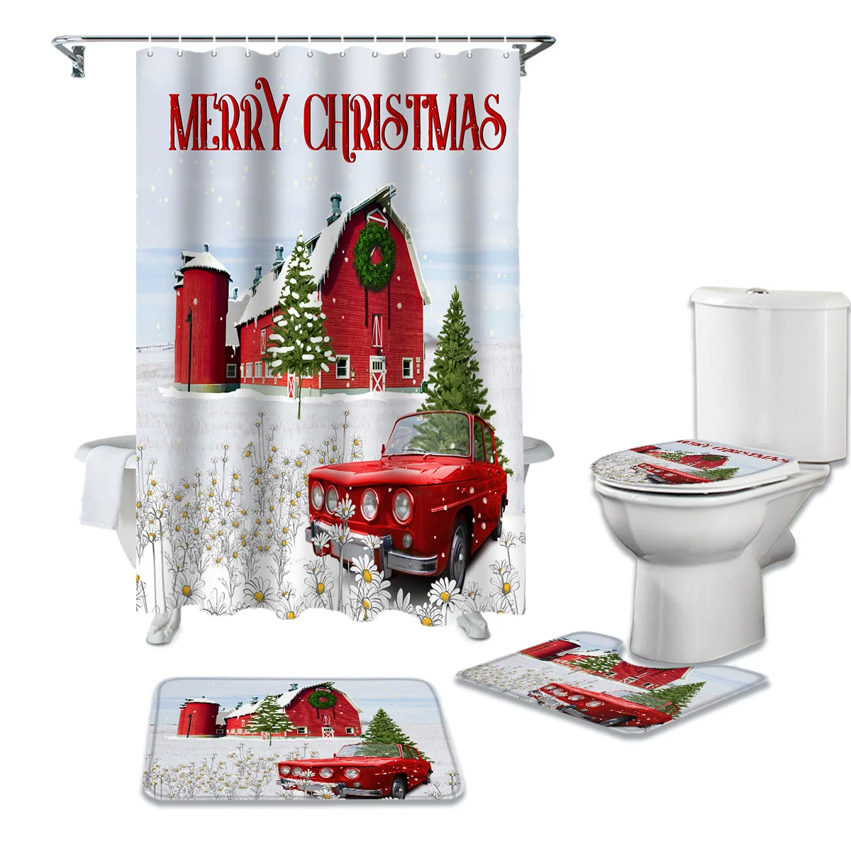 

Christmas Barn Truck Daisy Waterproof Shower Curtains Set Bathroom Shower Curtain and Rug Sets