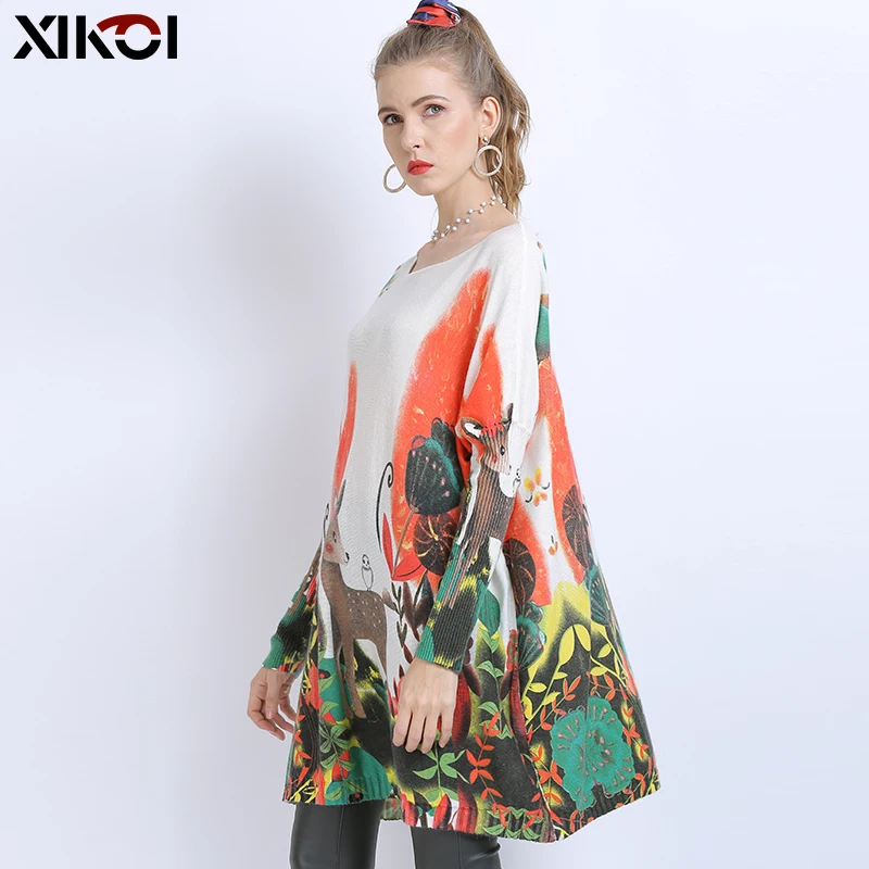 XIKOI Winter Oversized Sweaters For Women Warm Long Pullover Dresses Fashion Cute Deer Print Jumper Knitted Pull Femme | Женская одежда