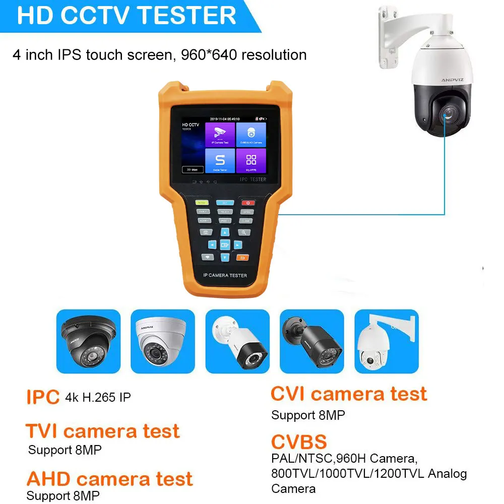 4 inch HD CCTV tester ip camera tester monitor ipc poe testers for CCTV Video Camera tester monitor 4K TDR cable POE with HDMI