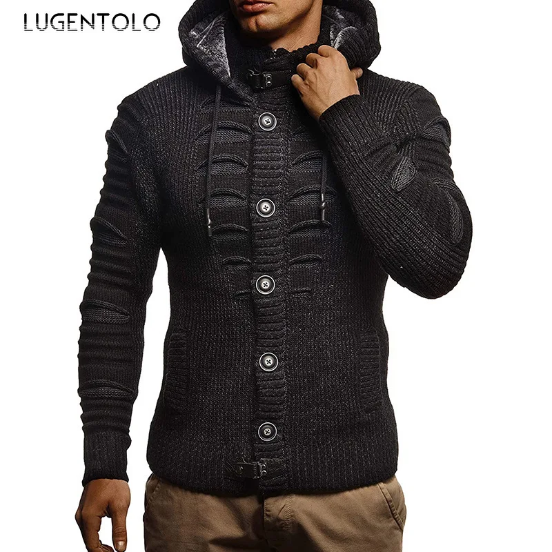 

Luegntolo Men Sweater Autumn Winter Sweater Hooded Knit Cardigan Button Solid Casual Men's Fashion Pocket Street Sweaters