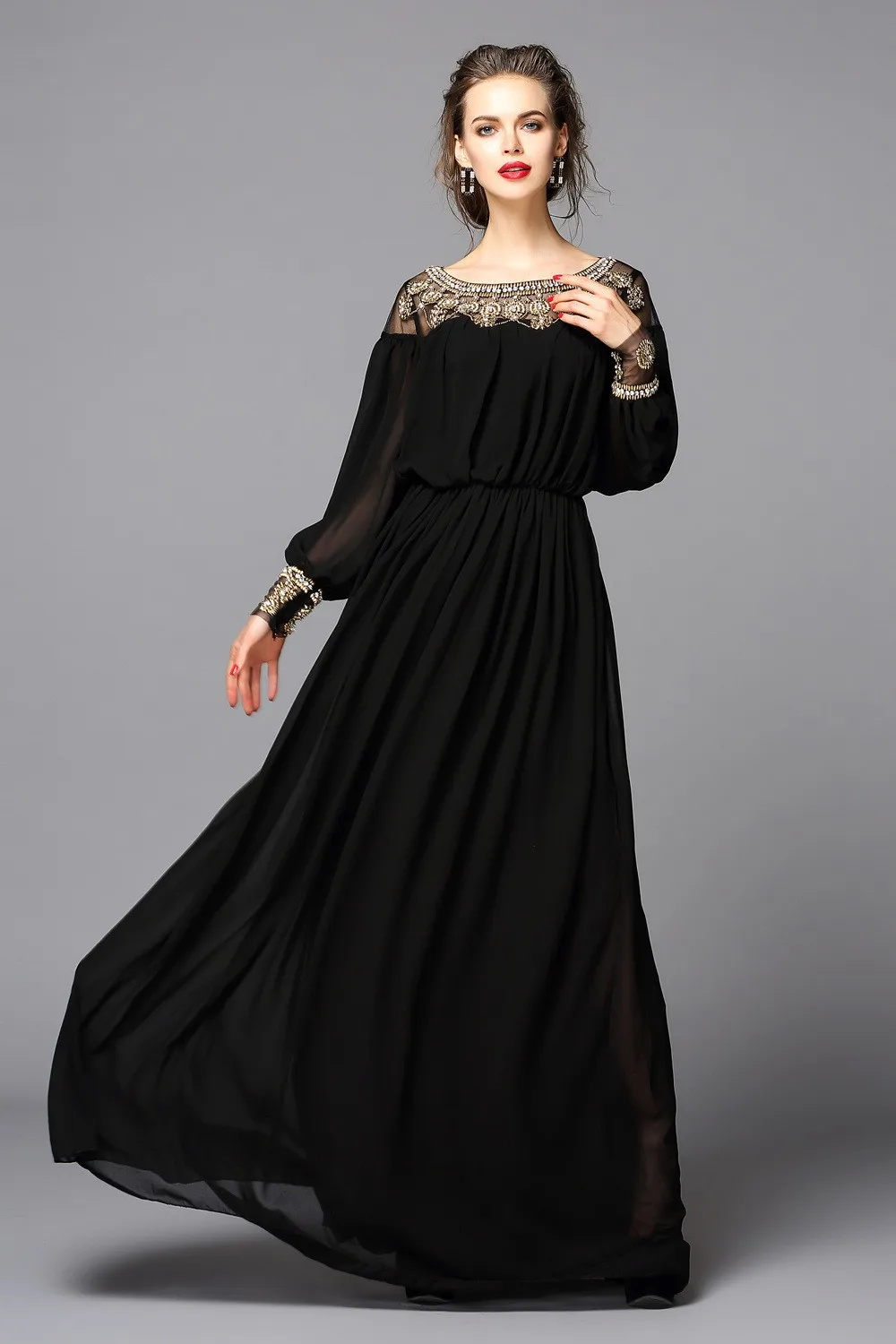 S-XXL, высокое качество, новинка, модное, сложное, ручное, расшитое бисером, свободное, простое, великолепное, длинное платье, вечерние - Цвет: Черный