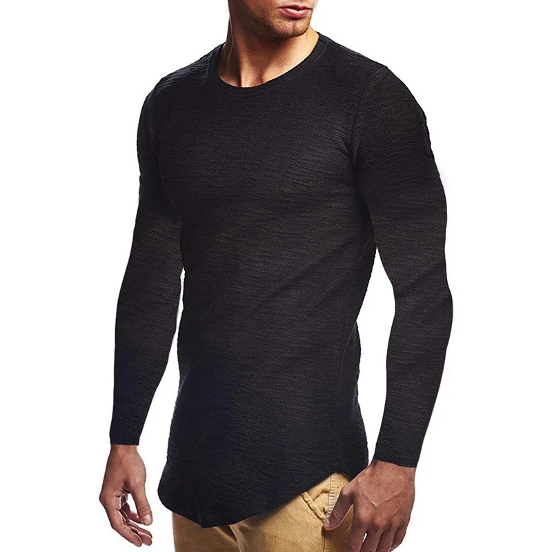 

2021 Full Sleeve Pleated Spring T-Shirt Man Casual Tops Bottoming Pullovers Fashion Basic Tees Solid Fitness O Neck T Shirts