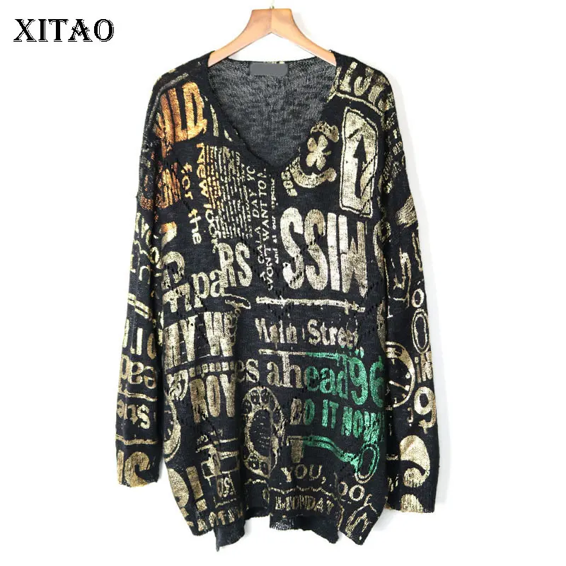 

XITAO Knitted Letter Pattern Sweater Women Minority Pullover 2019 Autumn Loose V Neck Elegant Casual Style New Sweater GCC1761