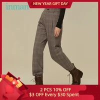 inman autumn winter womens pants british style vintage plaid stripes folds design chic button hems casual bottoms