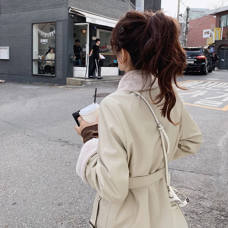 MISHOW/зимнее толстое кожаное пальто с лацканами женское двойное поясом внутри