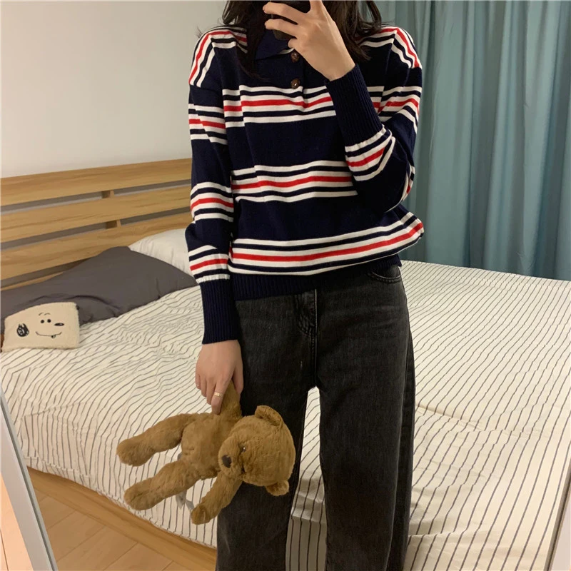 Polo Collar Striped Sweater Women Fashion Loose Casual Knitwear Tops Girls Soft Winter Long Sleeve Tunic Pulls | Женская одежда