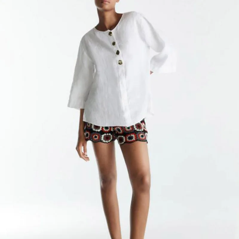 

Летняя женская повседневная Однотонная футболка с круглым вырезом и пуговицами