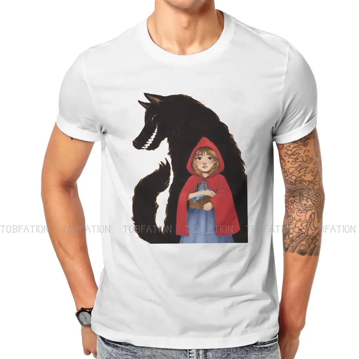 

Футболка с чёрным волком, с маленьким красным капюшоном для верховой езды, с волшебными сказками, Классическая тканевая футболка, Мужская о...