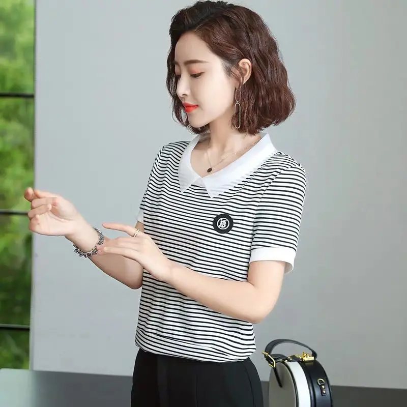 Блузка женская в полоску с коротким рукавом и воротником Питера Пэна весна-лето