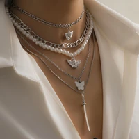2021new 5 piece set of imitation pearl chain pendant angel butterfly sword multilayer necklace punk jewelry party gift wholesale