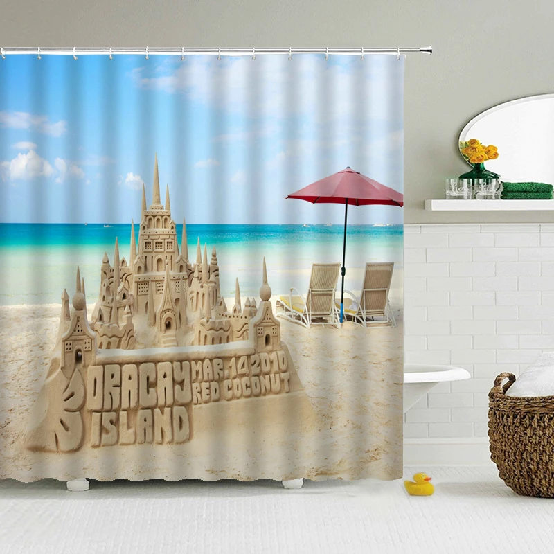 

Waterproof Bath Curtain Beach Sea Ocean Scenery Shower Curtains With 12 Hooks Bathroom Curtain Polyester Cloth Shower Curtain