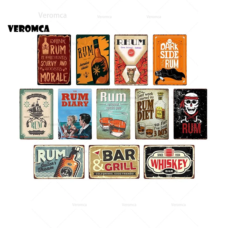 

Rum Bar Art Poster Whiskey Metal Sign Vintage Tiki Bar Decoration Tin Plate Signs Aloha Welcome Metal Plate Man Cave Kitchen