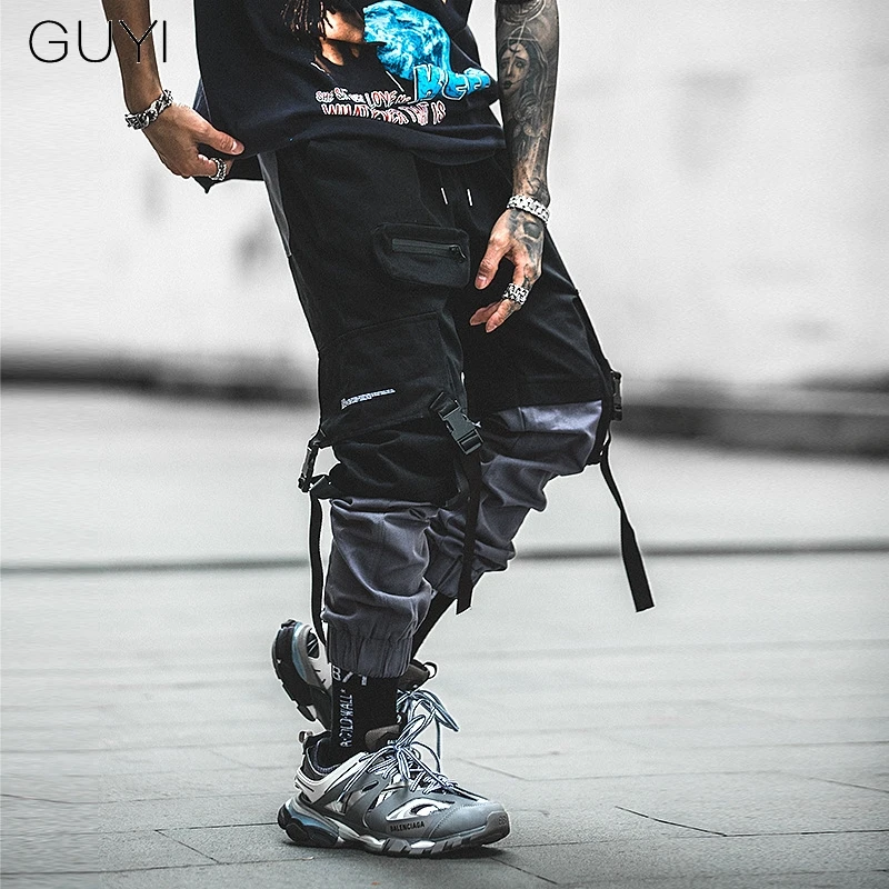

Darkness for Men Casual Fashion Streetwear Stitching Color Joggers Hip Hop Long Pants Men Elastic Waist Ribbon Cargo Pants