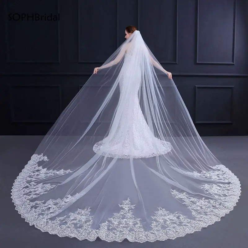 

New Arrival Exquisite Lace Sequins Wedding Veil Bridal Headwear Cathedral Wedding Accessories Voile Mariage Boda Velo With Comb