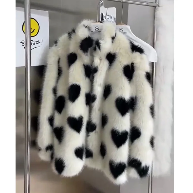 Faux Fur Coat Loose Love Stand-up Collar Women's Eco-coat  Synthetic Fur Jackets Winter Plush Jacket Clothes Korea Ladies
