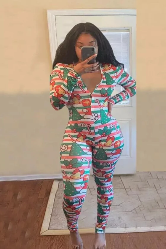 

Christmas Women Long Sleeve Jumpsuit Sleepwear Print V Neck Buckle Fashion Casual Xmas Rompers Playsuit Pajamas