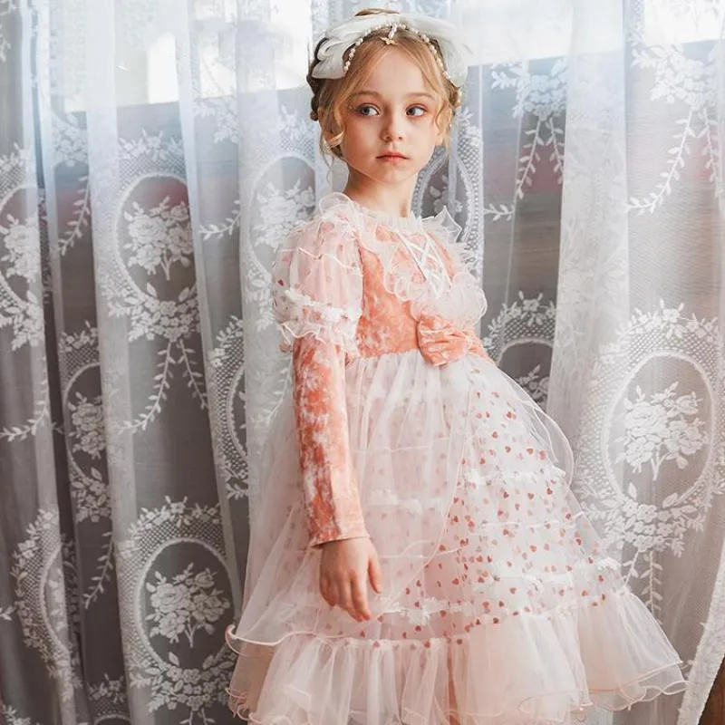 Vestido de terciopelo Lolita para ni&ntilde;as, ropa de fiesta de 3 a 12 a&ntilde;os, largo hasta la rodilla, con dobladillo suelto de manga larga y malla completa, Oto&ntilde;o e Invierno-0
