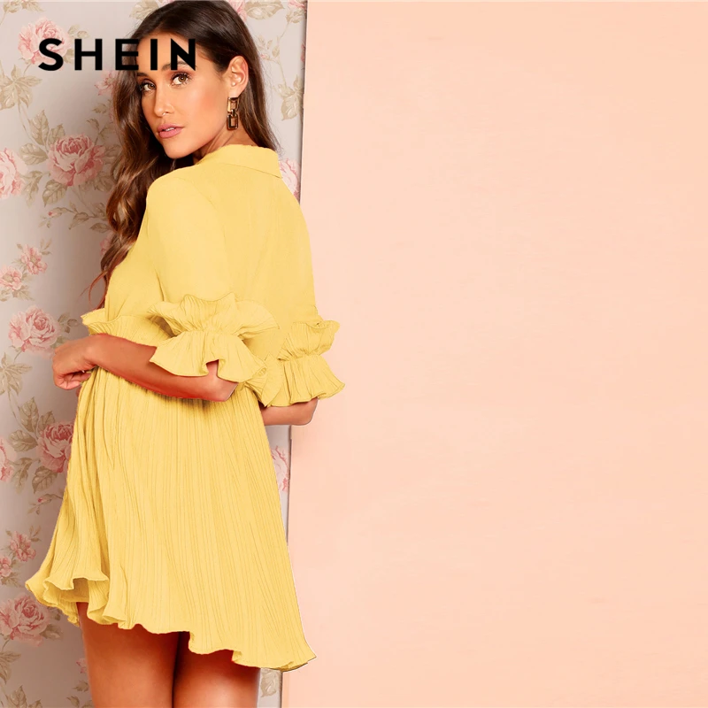 SHEIN Платье На Запах С Глубоким Вырезом И Оборками Сексуальное Платье С Рюшами С Средним Рукавом Женские Летние Платья С Высокой Талией