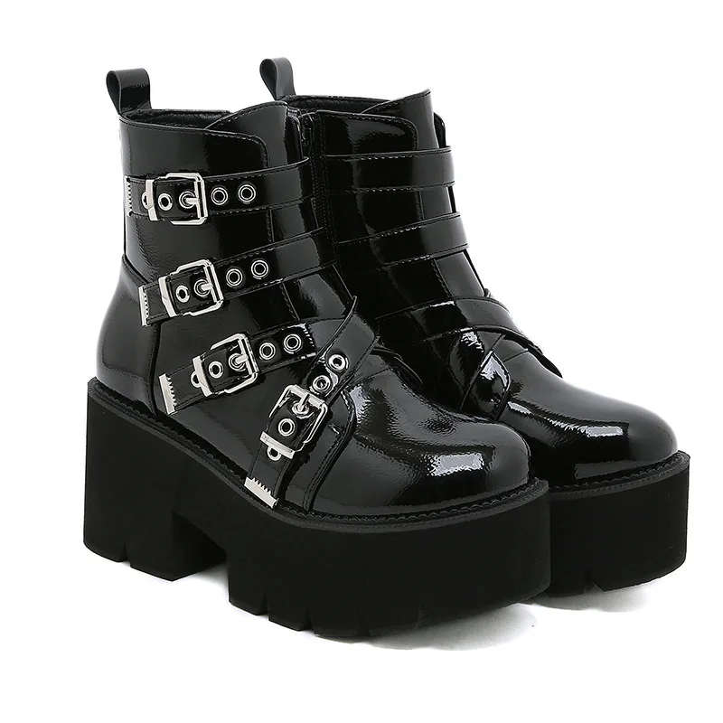 

Womens Buckle Winter Boots shoes woman on Platform Black High heels Patent Leather Ankle demonia Boots Punk Goth 2021 Gothic