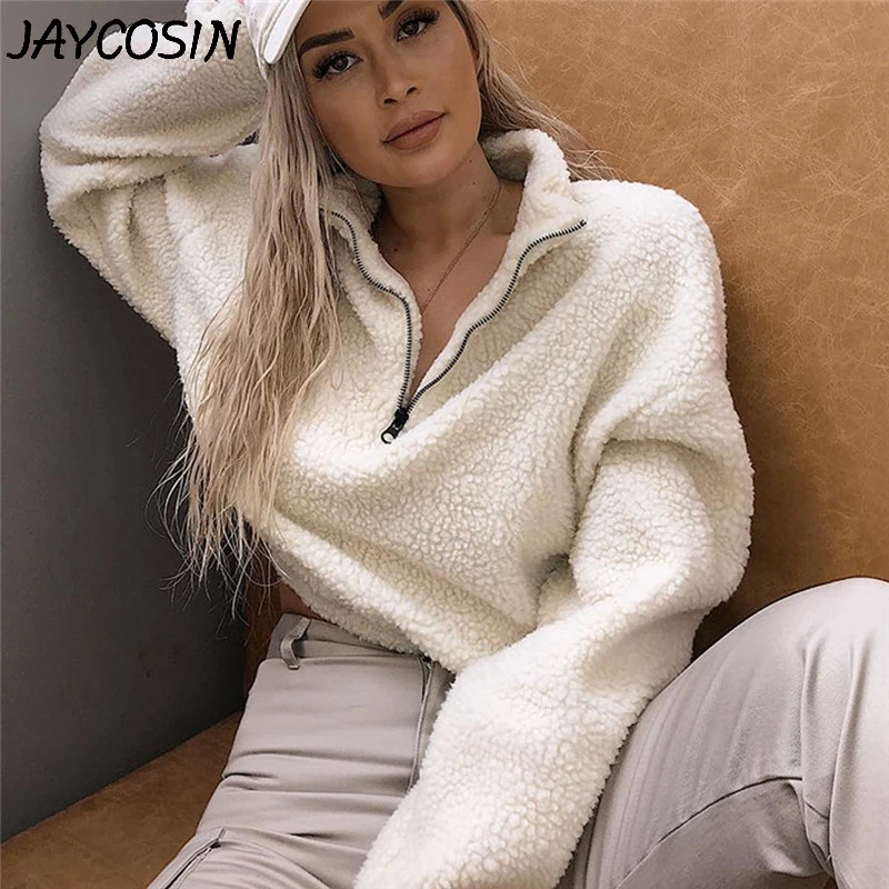 JAYCOSIN Женская толстовка плюшевая однотонная на молнии с воротником-стойкой и