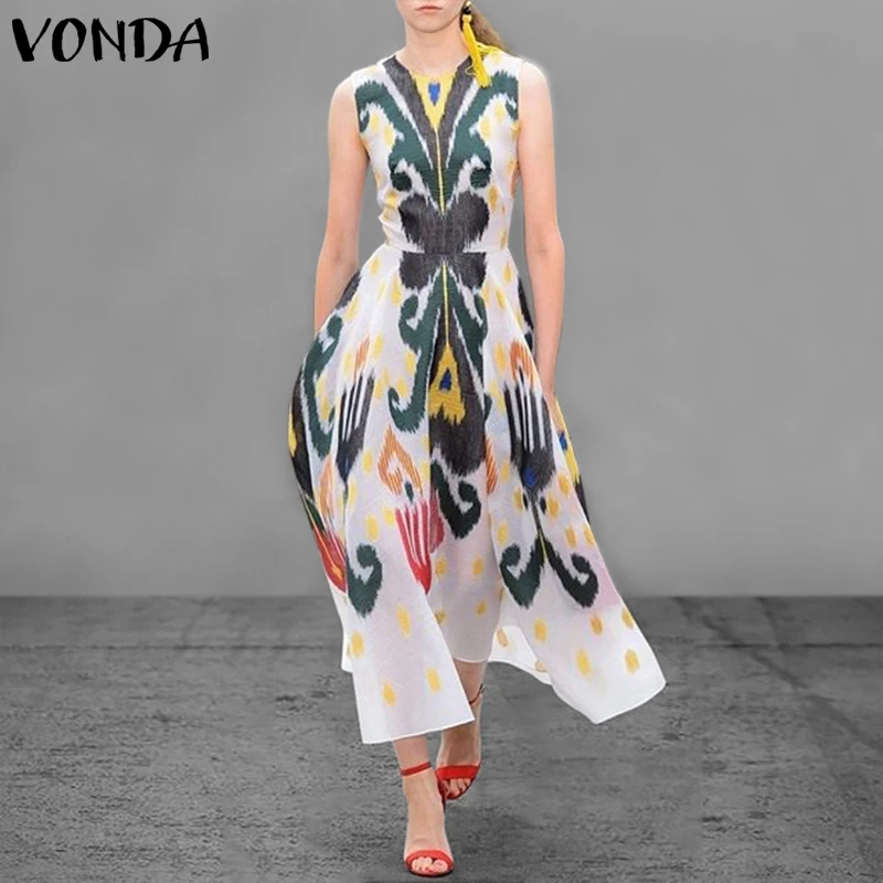 VONDA женское платье с цветочным принтом, винтажные длинные платья макси, сексуальные повседневные платья с коротким рукавом с высоким разрезом размера плюс S-5XL