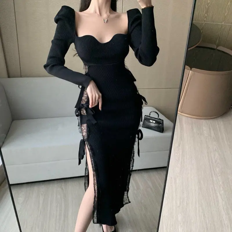 

Fashion Skirt 2021 Knitted Square Necked Dress Women's Lace Splicing Annual Meeting Split Waist Tight Buttock Vestido Vfemage