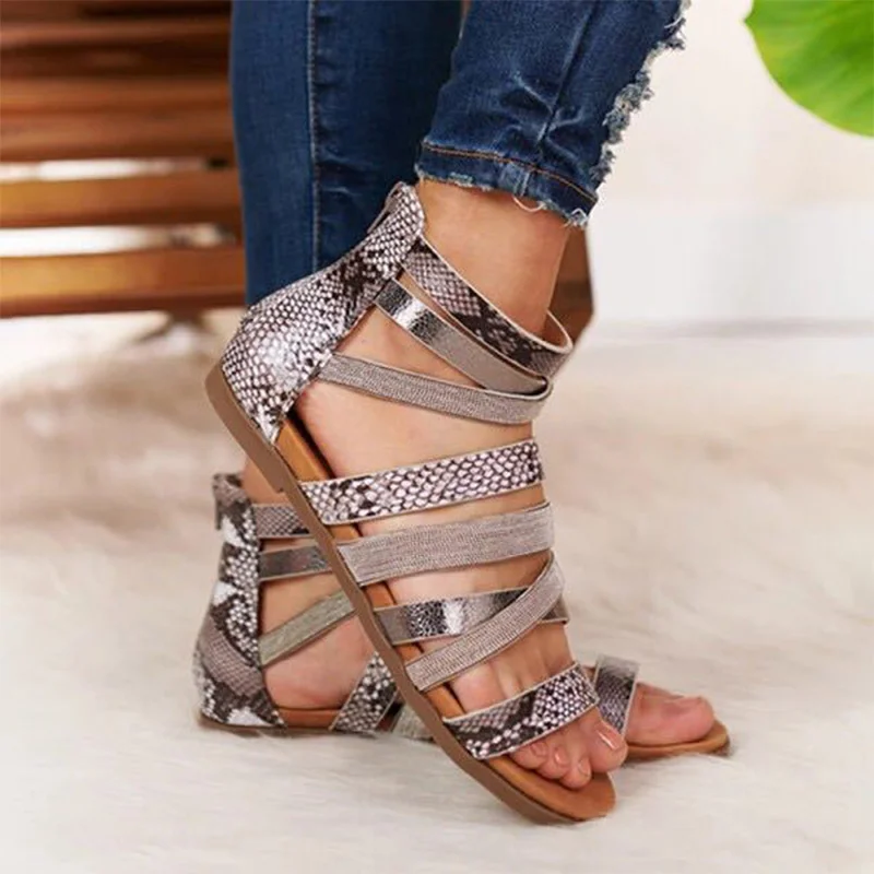 Women Leopard Flat Sandals Woman Zip Shoes Female Fashion Sexy Cross Band Snake Pattern Flats Ladies 2020 Footwear Plus Size 43 | Обувь
