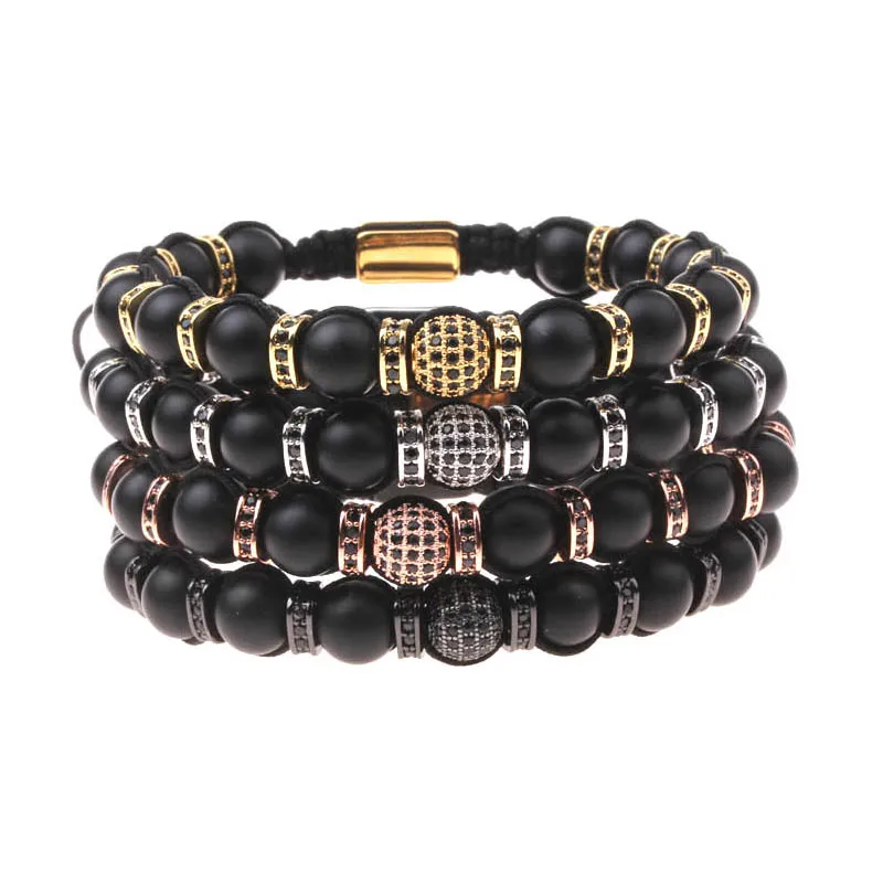 

New Design Luxury High Quality CZ Ball Natural Stone Matte Onyx Braided Custom Beaded Macrame Jewelry Bracelet Men Women