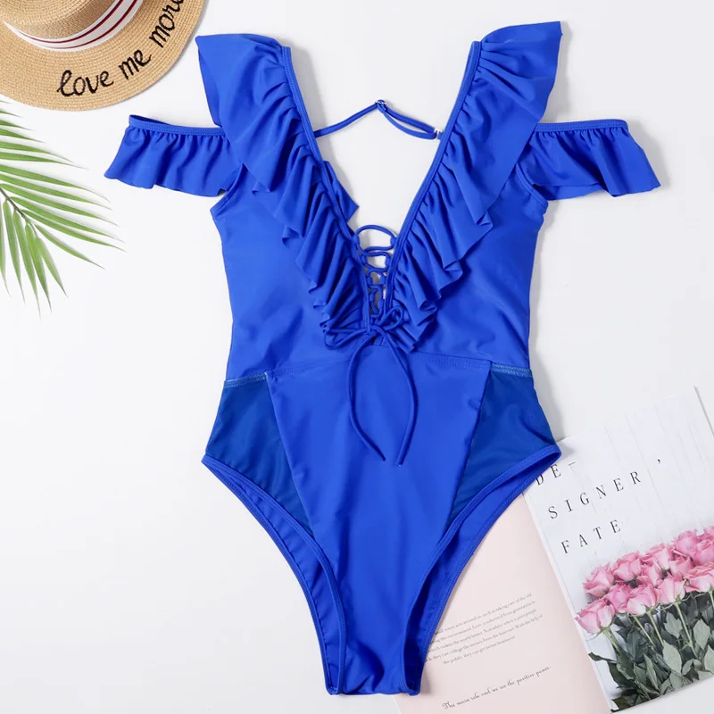 Синий купальник с оборками и открытыми плечами Цельный сексуальная одежда для