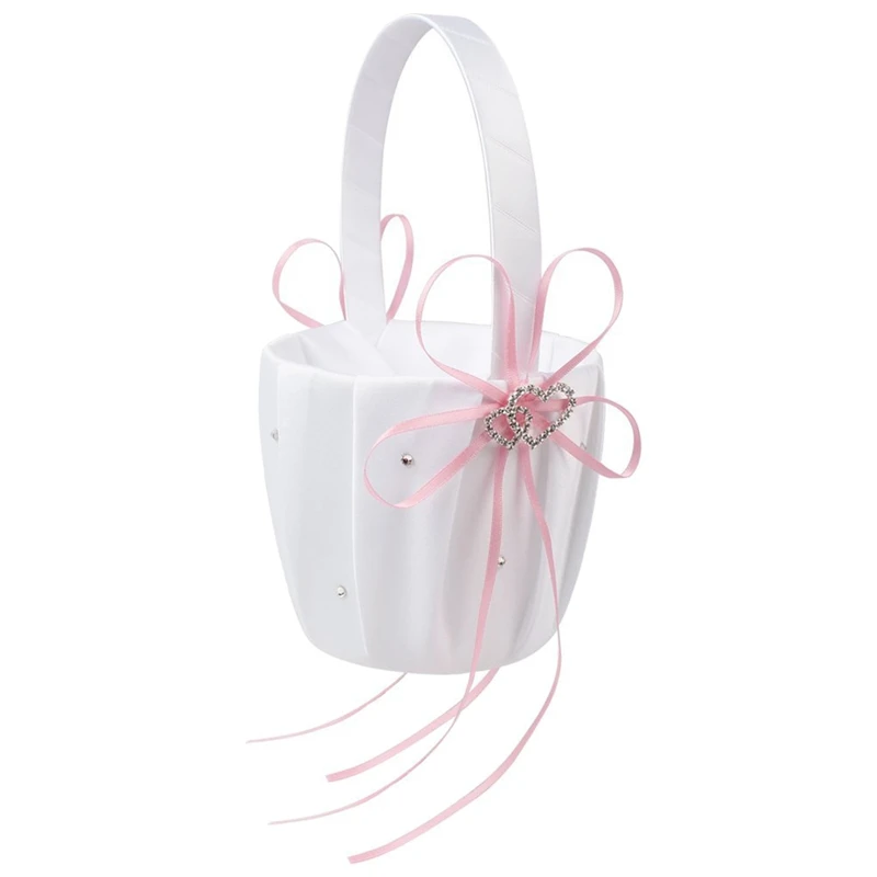 

Double Heart Wedding Flower Girl Basket White Satin Rhinestone Decor Wedding Ceremony Party Favor