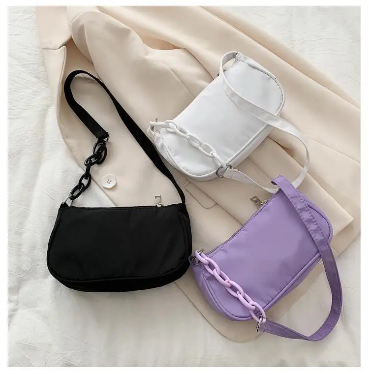 

Fashion design Nylon Women Baguette Handbags Simple Ladies Chain Small Armpit Shoulder Bags Solid Color Girls Daily Clutch Purse