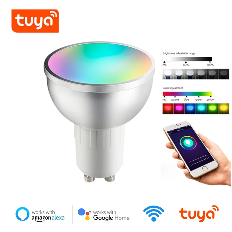 

Tuya GU10 WiFi Smart Bulb, 5W RGB+WW+CW LED Lamp Cup with Dimmable Timer Function Magic Bulb Works for Amazon / Google Home