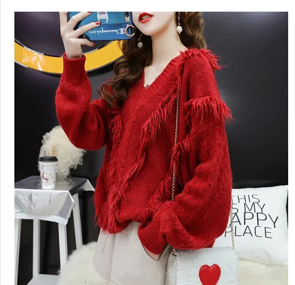 

Sweater 2021 autumn new style red sweet college style sweater women's new loose tassel lazy style V-neck sweater Mujer Sueter